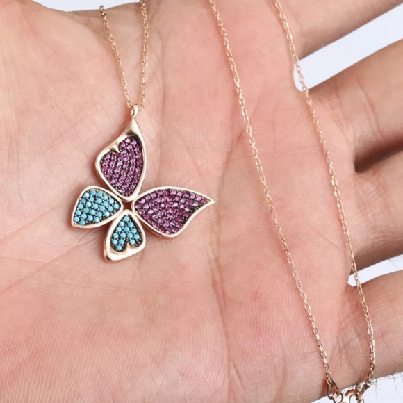 Ruby & turquoise rise gold butterfly necklace - Picture 2 of 3